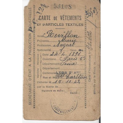 Carte de Vêtements et d'articles textiles  Paris 5eme 1942